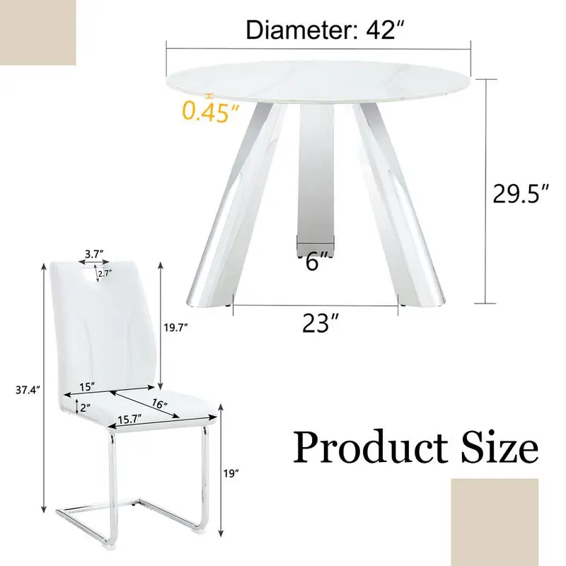 42-Inch Round Table Set with 4 Unique White Dining Chairs and Stainless Steel Legs - Sintered Stone Top - Image 4