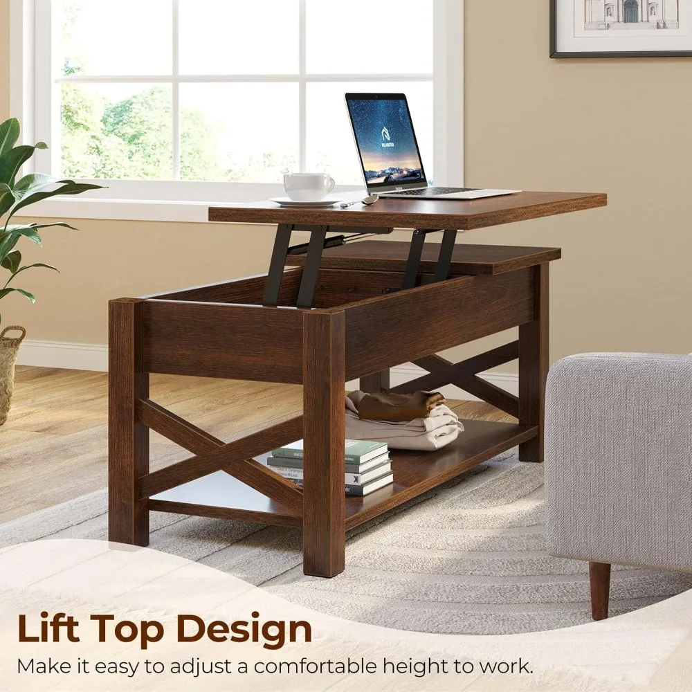 Coffee Table 47.2",2 Way Lift Top Coffee Table with Hidden Compartment, Lift Top Coffee Table with Open Shelf & X Wooden Support 2
