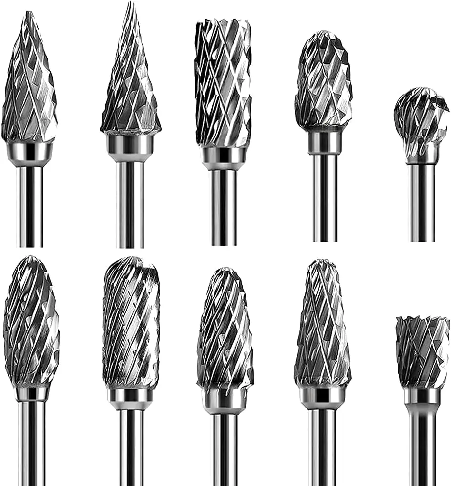 Double Cut Carbide Rotary Burr Set-10 Pcs 1/8" Shank, 1/4" Head Length Tungsten Steel for Woodworking,Drilling, Metal Carving,