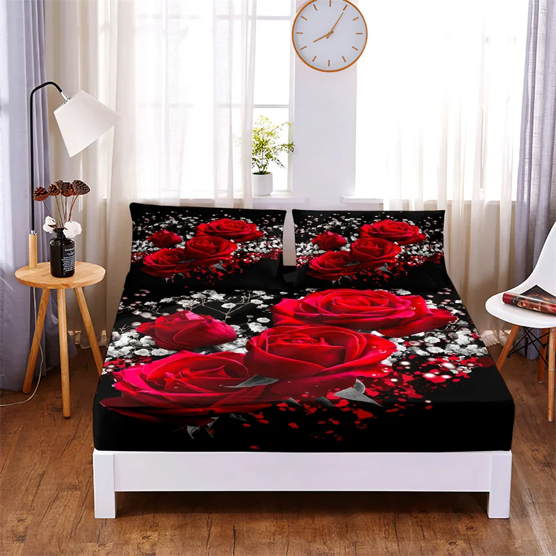 

Bright Red Rose Digital Printed 3pc Polyester Fitted Sheet Mattress Cover Four Corners with Elastic Band Bed Sheet Pillowcases