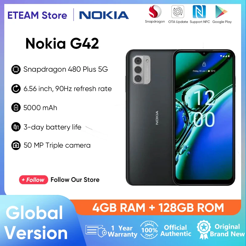Versione Globale Originale Nokia G42 4Gb 128Gb Snapdragon 480 + 5G Nfc Android 13 90Hz Aggiorna 6.56 Pollici 5000Mah 50Mp Tripla Fotocamera