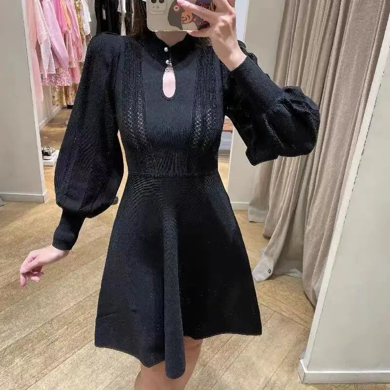 

Women's Dresses O-neck Pearl Buckle Spliced Hollow Out Slim Elegant Ladies Solid Knitted Mini Robe Early Autumn New