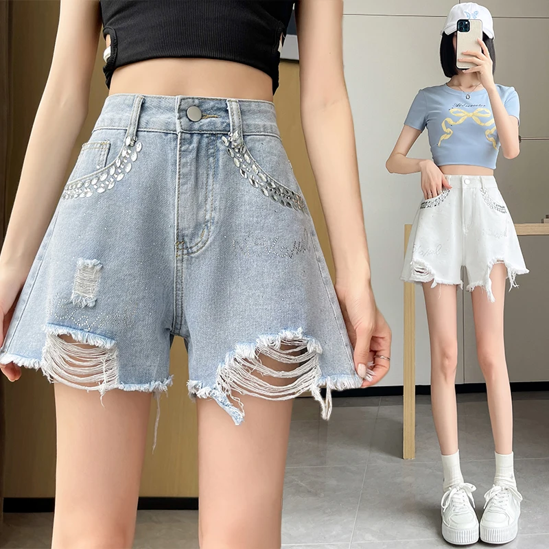 

Washed denim shorts, high waisted, new slimming and loose fitting studded A-line worn hole hot pants for women