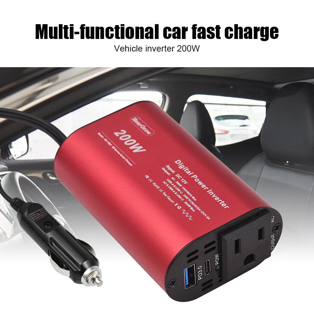 200W 전원 인버터 12V 110V AC 자동차 플러그 어댑터, 전화 노트북 담배 라이터 콘센트 컨버터, USB C 타입 자동차 충전기 포함