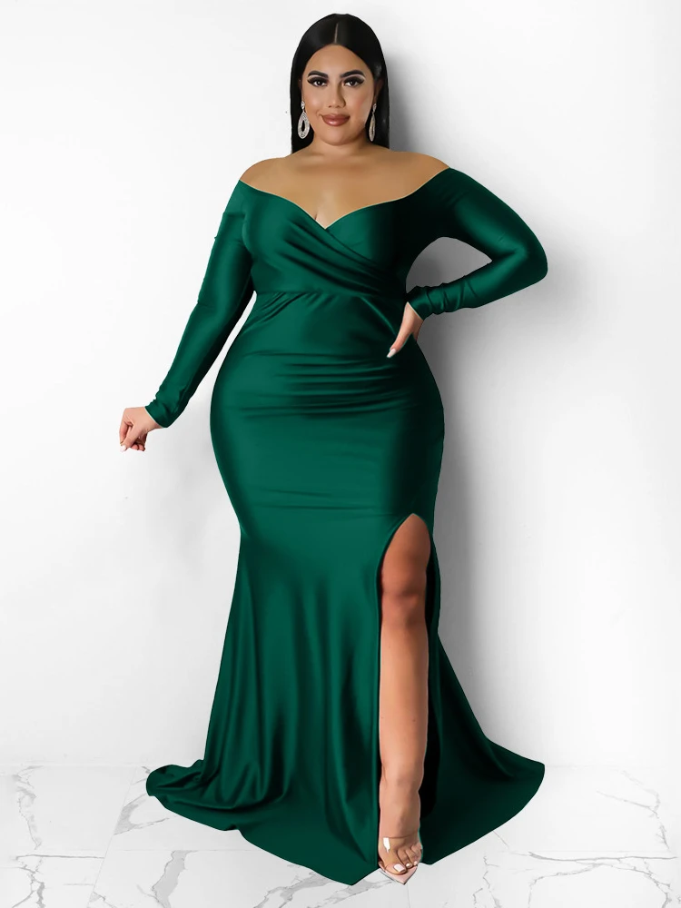 EveningLongDressesPlusSize4XLOffShoulderLongSleeveGreenHighWaistSexyBodyconSlit.jpg
