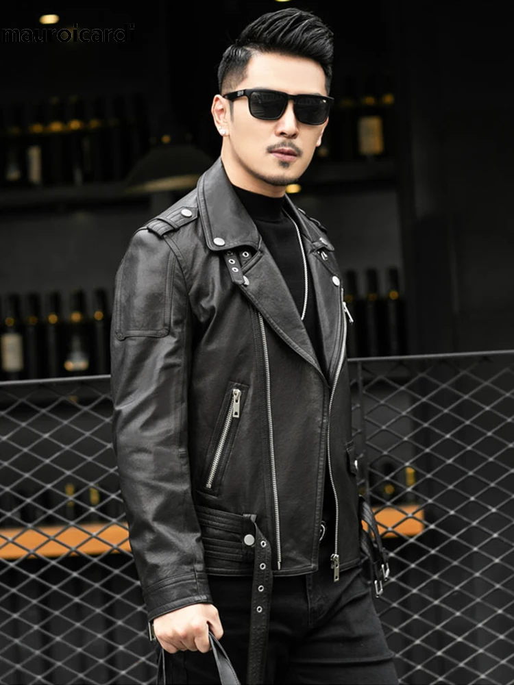 Spring Autumn Short Cool Black Leather Biker Jacket Men Zipper Long Sleeve Belt Plus Size European Fashion brand leather jackets 6