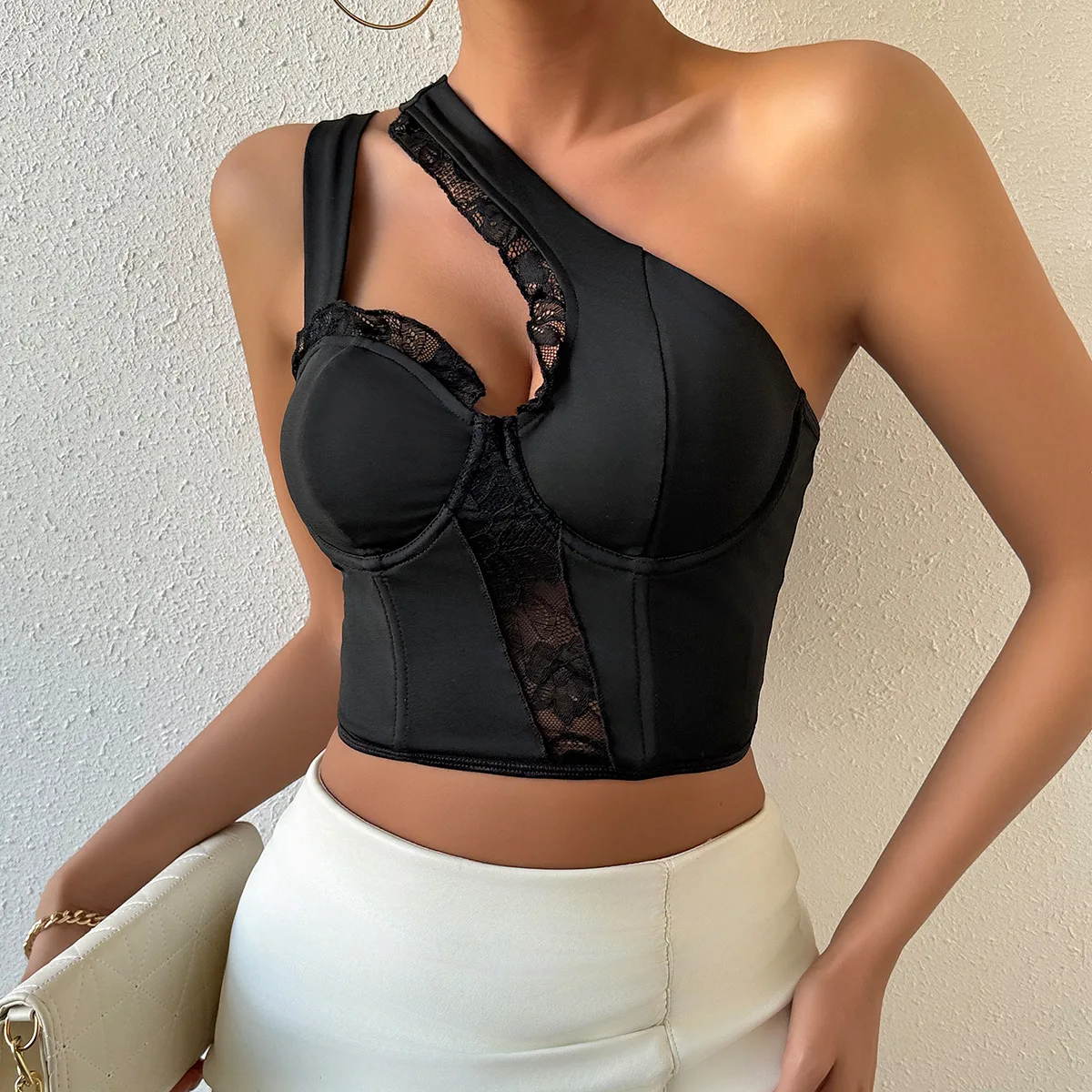 

Women's Oblique Shoulder Corset Crop Tops Summer Female Lace Sleeveless Tube Top Fashion Slim Bustier Tank Top Lingerie Camisole