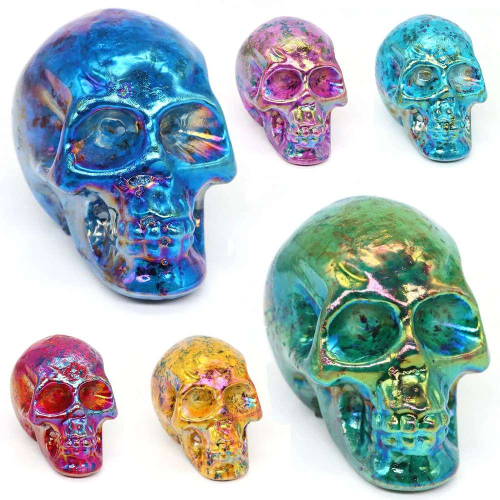 

70mm Skull Head Statue Electroplated Plating Natural Healing Crystal Stone Carving Figurine Crafts Home Decor Halloween Gifts