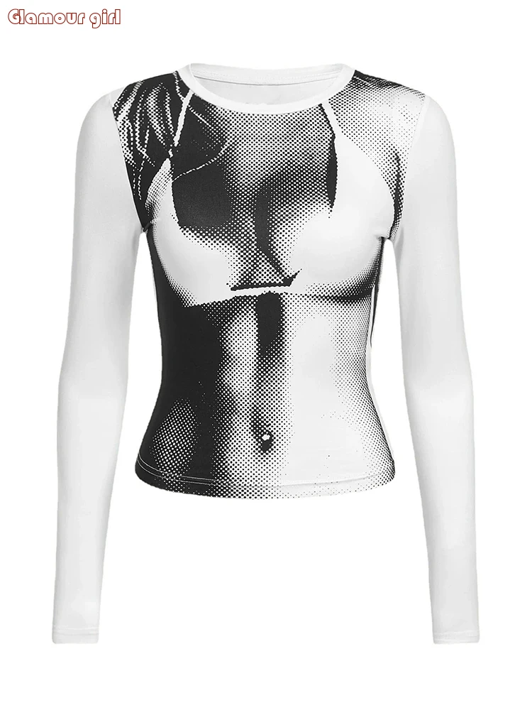 

Graphic Print Long Sleeve Crop Tee Top Graphic Tees Women Y2K Clothes Spring Goth High Street Style O-neck T Shirt Streetwear