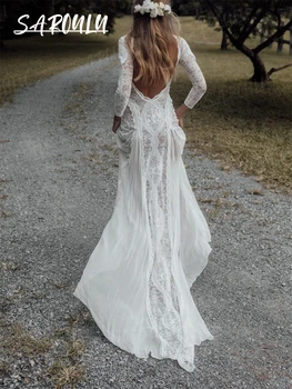 Abito da sposa romantico personalizzato Boho a maniche lunghe Abito da sposa da spiaggia senza schienale per donna Abito da sposa con scollo rotondo illusione
