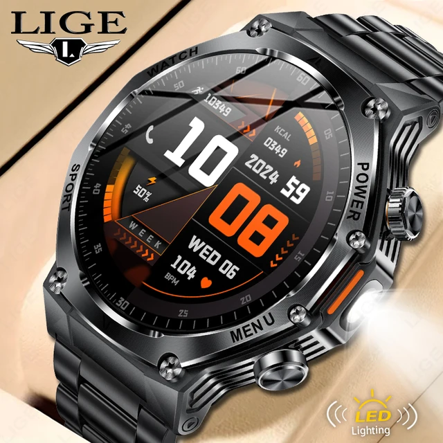 LIGE New 1.8" Large Screen Bluetooth Call Smart Watch Men Sports Health Monitoring Flashlight 800mAh Smartwatch For Android IOS