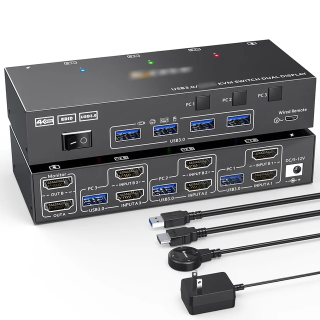 Dual Monitor KVM Switch USB 3.0 HDMI-Compatible KVM Switch 2 Monitors 3PC 4K@60Hz 2K@144Hz EDID Emulator Dual Monitor KVM Switch