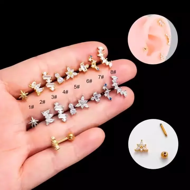 

1Pcs New Design 16G Stainless Steel Stud Earrings for Women 2023 Fashion Jewelry Screw Ball Piercing Zircon Ear Stud for teens