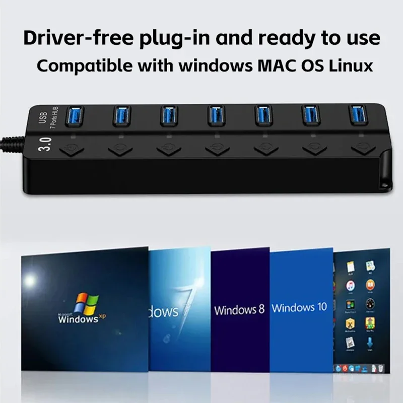 USB hub USB3.0 HUB 4in1 7in1USB Splitter 2.0 USB Adapter Multi-Port Independent Power Switch Extender 30CM Cable