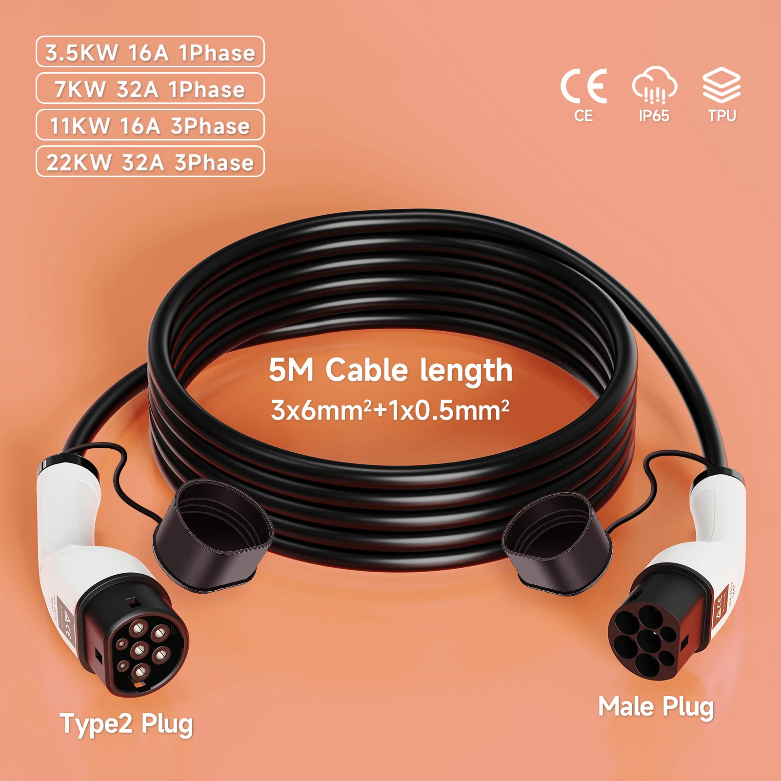 

Portable EV Charging Cable 32A 22KW 3 Phase Electric Vehicle Cord 5M Type 2 IEC62196-2 EVSE Charging Station Female to Male Plug
