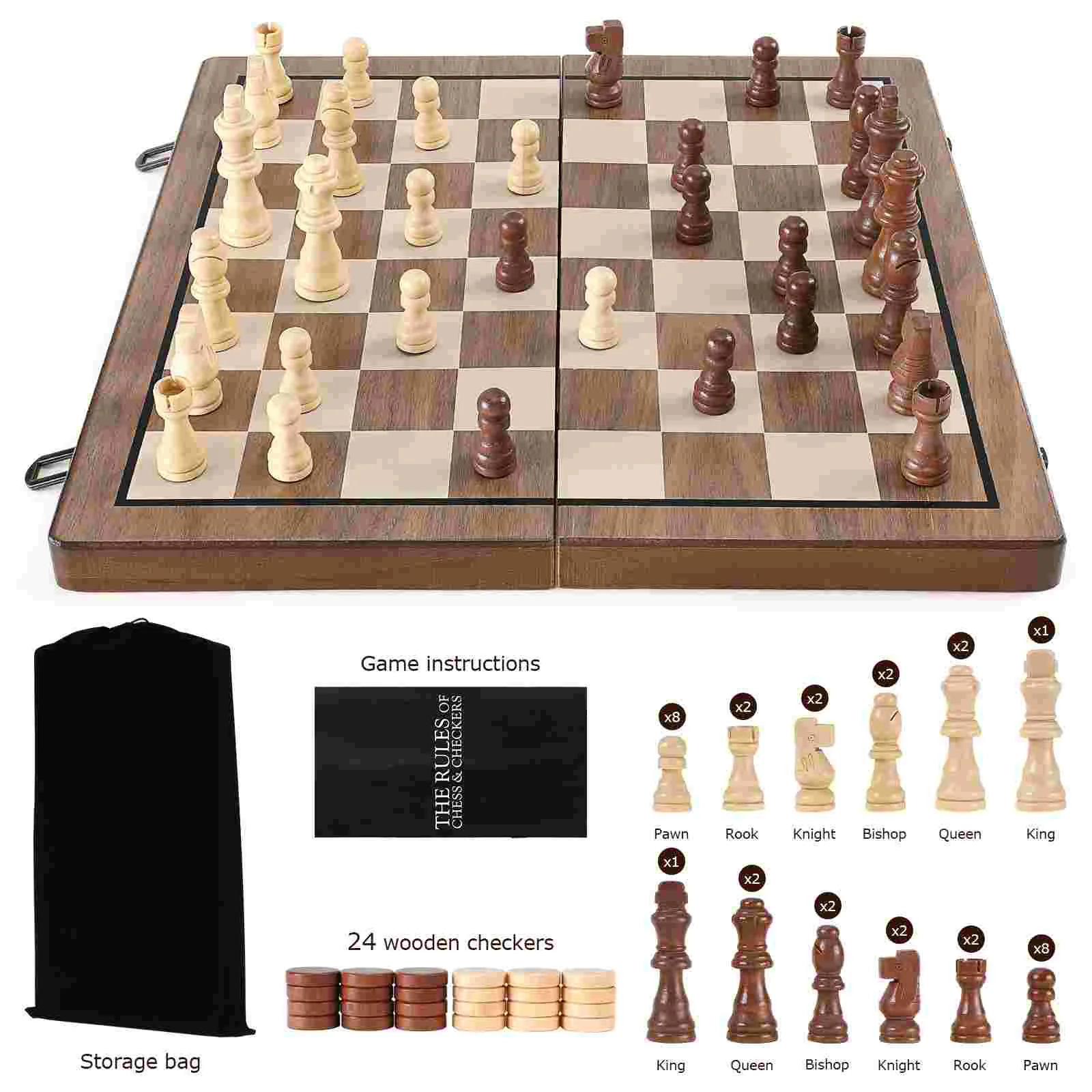 1 Wooden Chess Checkers Board Chess Folding Board Pieces Travel