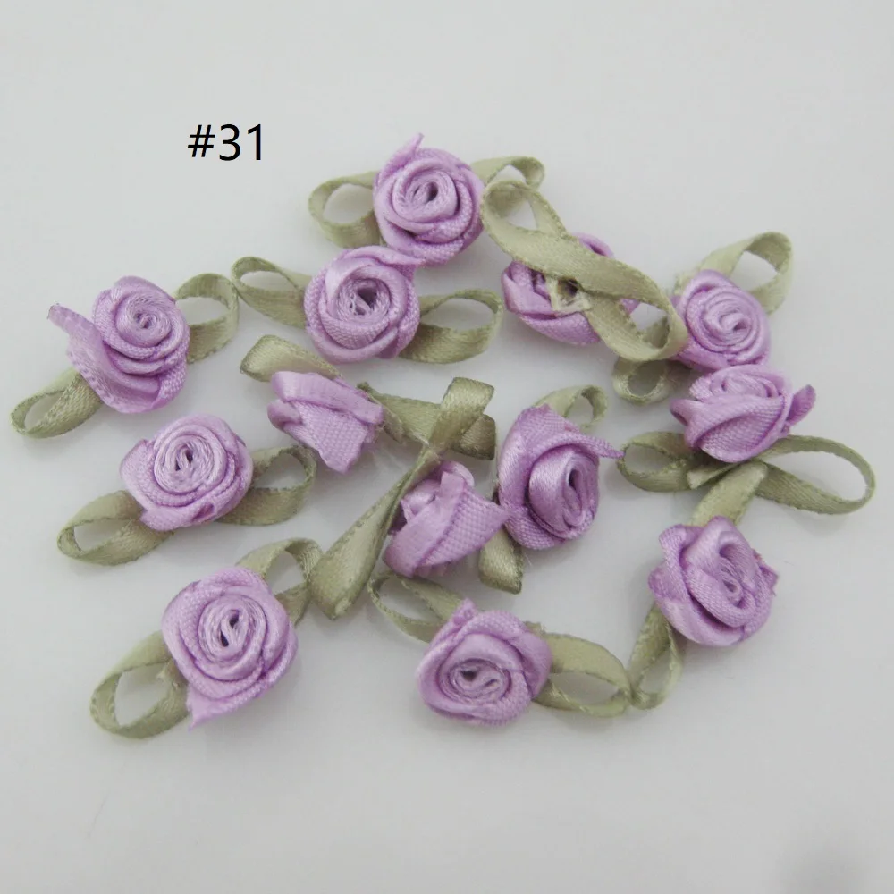 Vibrant Fabric Ribbon Rose Rosettes with Leaf - Set of 50 Flower Embellishments for DIY Crafts & Sewing Supplies