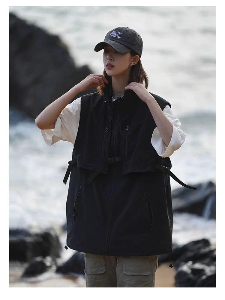 Spring New Multi Pocket Workwear Vest, Couple Trendy Brand Stand Collar Loose Outdoor Functional Zipper Fishing Gear