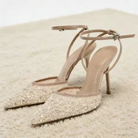 Luxury Bling String Bead Mesh Designer Pumps Women Sexy Pointed Toe Ankle Strap High Heels Elegant Party Wedding Heeled Sandals