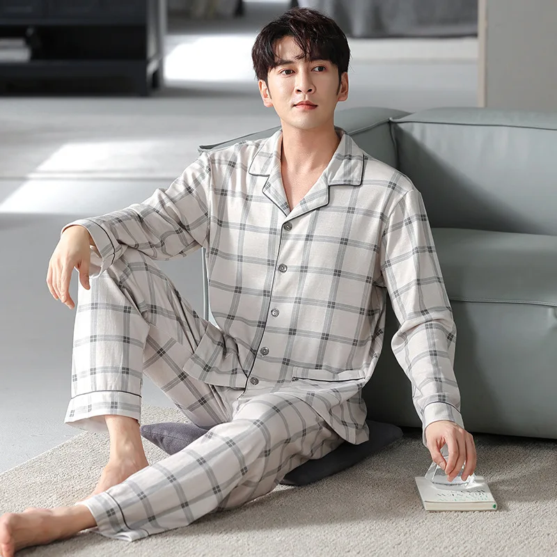 Spring Autumn Men's Cotton Pajamas Long Sleeve Lapel Plaid Cardigan Pants Oversized Loose Fitting Casual Home Clothing Set
