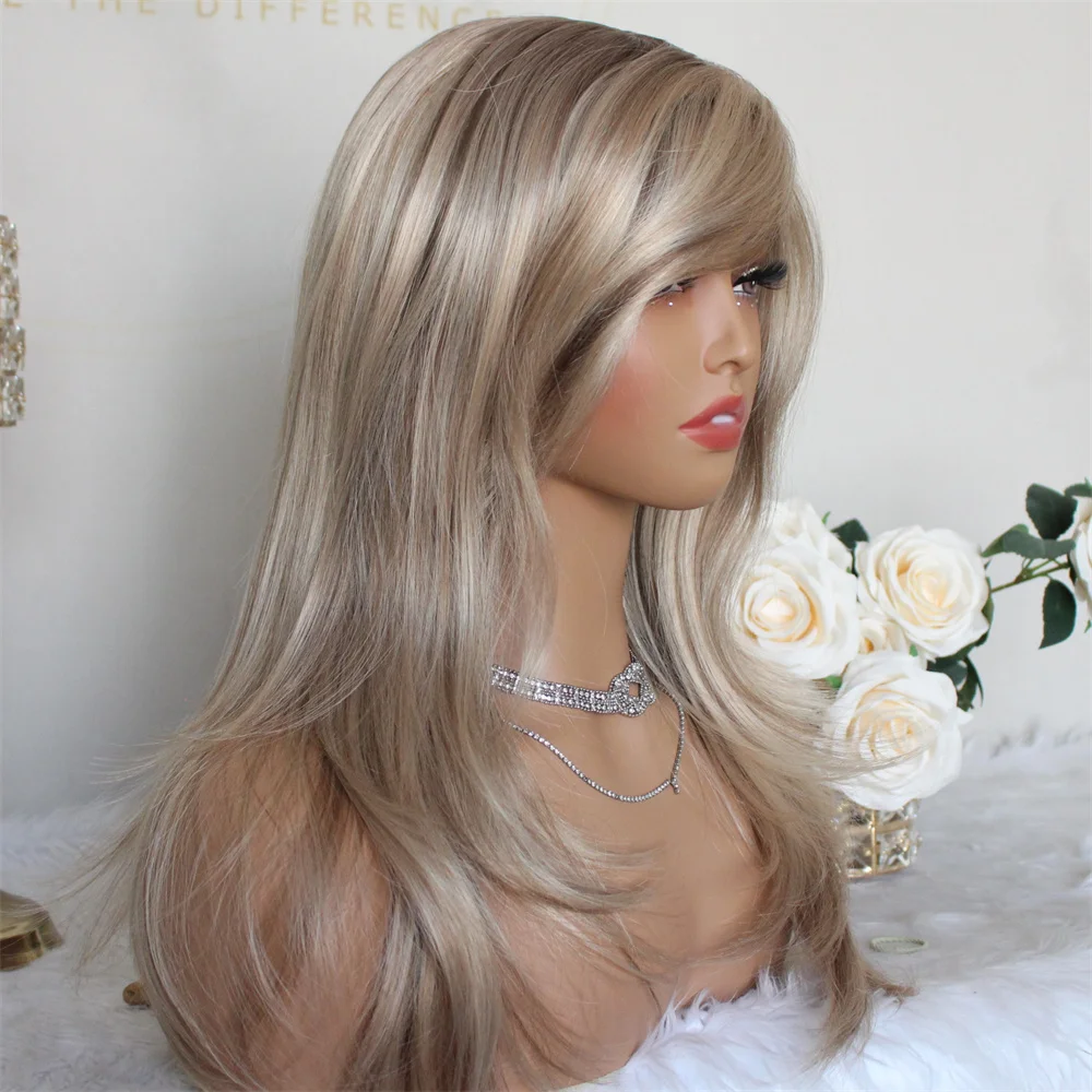 Highlight Brown Lace Wig with Bangs Synthetic Wigs for Women 16inches Natural Straight Machine Made Wig Daily Use