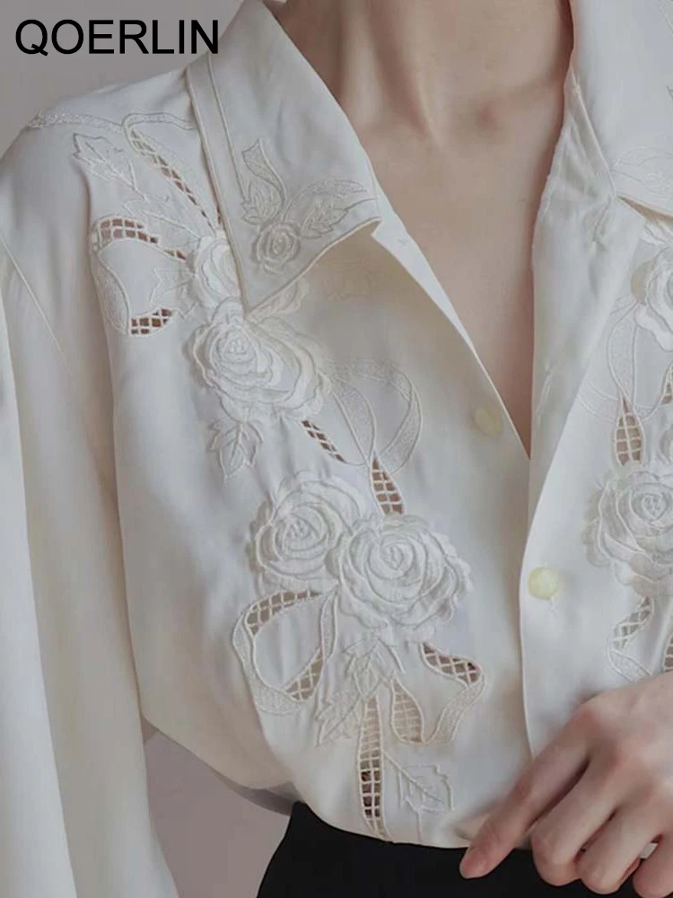 QOERLIN Chic Embroidered Floral Hollow Out White Shirt Luxury Spring Long Sleeve Blouse Elegant Bishop Sleeve Tops Office Ladies