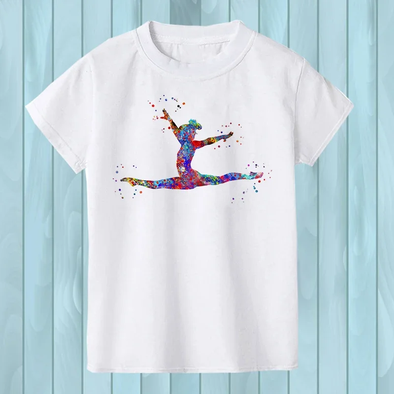 Gymnast Dancer T-Shirt Femme Watercolor Rainbow Gymnastics Art Tshirt Girls Summer Kids Tees Shirt Tops Child Streetwear Hipster