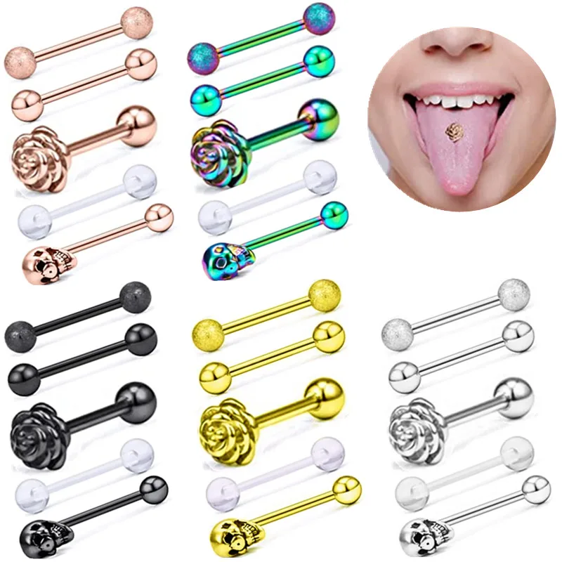 1Piece Rose Flower Tongue Piercing Set Stainless Steel Skull Tongue