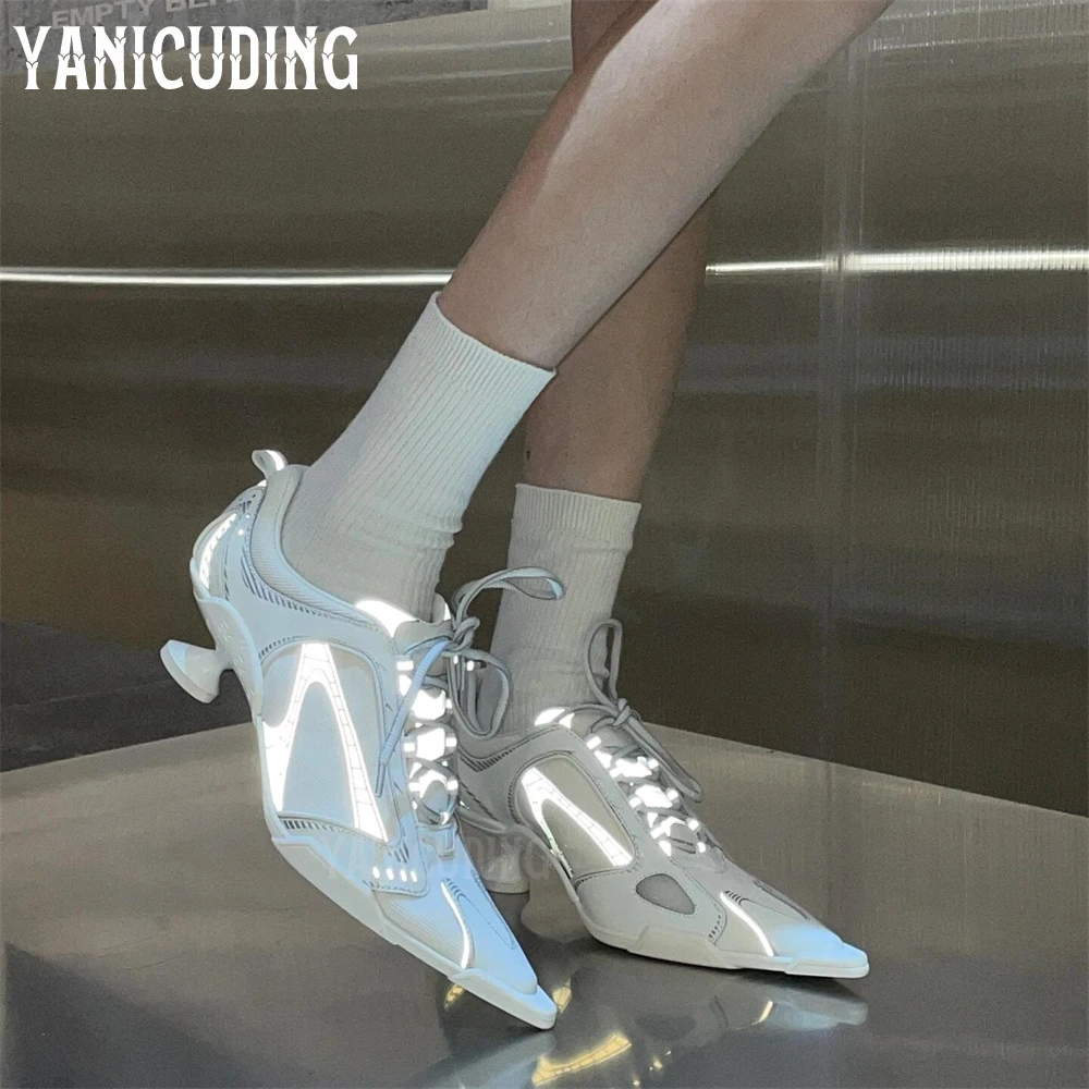 Pointed Toe High Heeled Sneakers for Women Novelty Designer Style Comfortable High Heels Mesh Fashion Strange Heel Sporty Heels 2