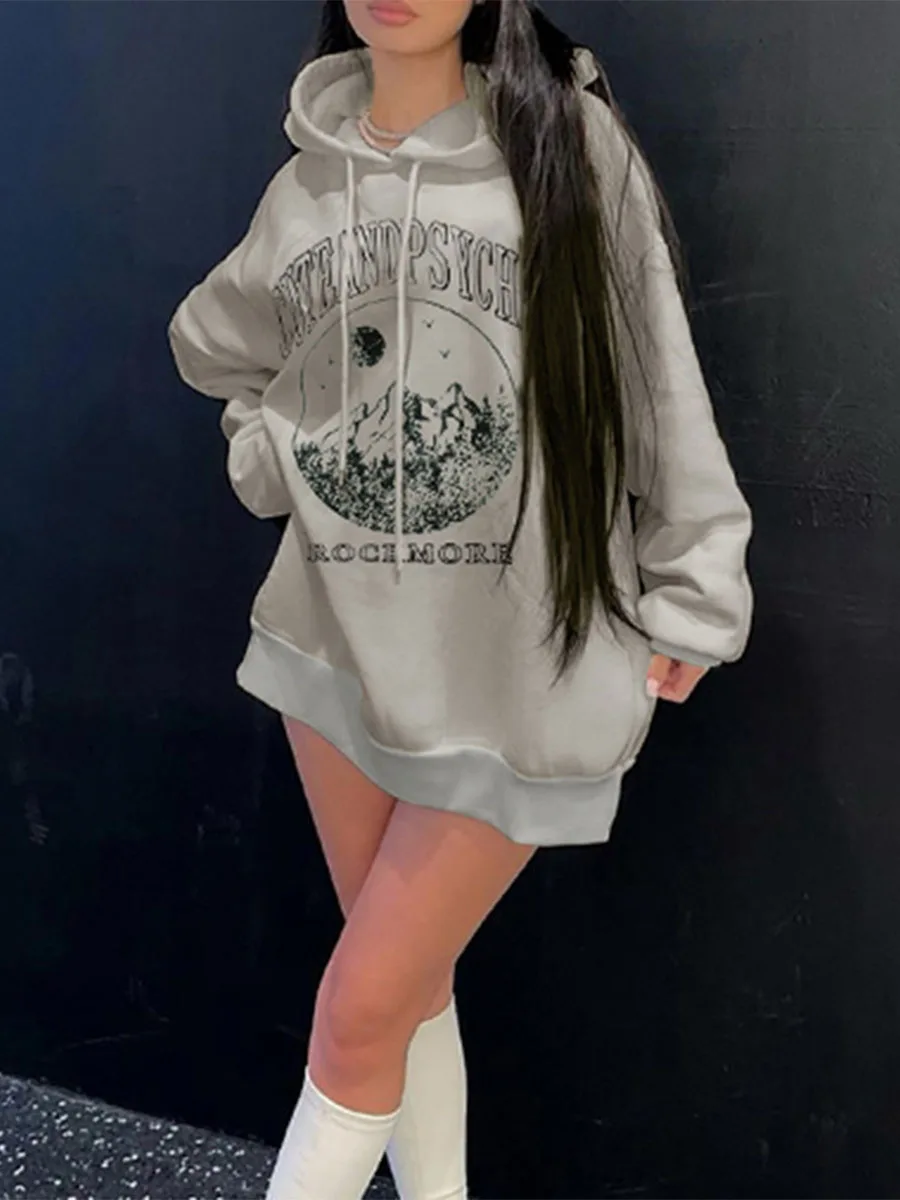 

Women's Oversized Letters Mountain Print Hooded Hoodies Long Sleeve Pullover Sweatshirt Streetwear