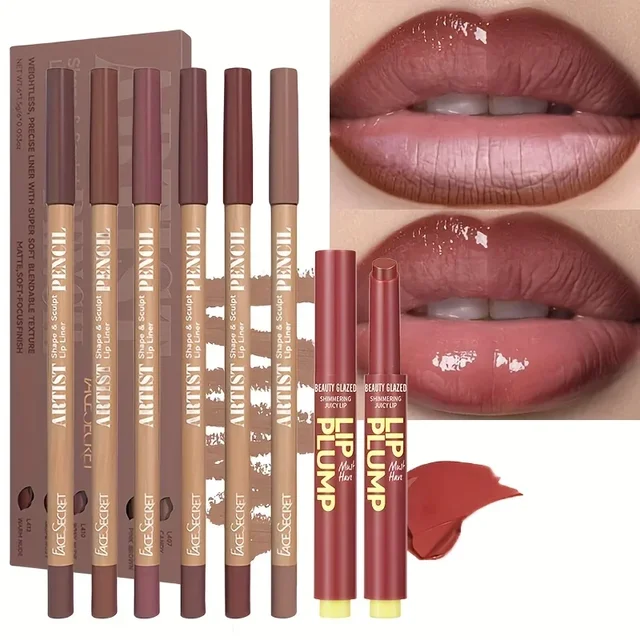 7-teiliges Lippen-Make-up-Set mit mattem Lipliner + Lippenlippenstift, matt, wasserdicht, langlebig, Lipliner-Stift, feuchtigkeitsspendender Gelee-Lippenstift