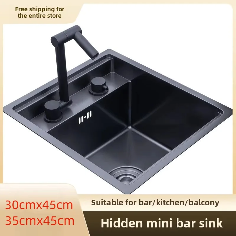 Kitchen Sink 304 Stainless Steel Hidden Small Single Slot Island Bar with Cover Invisible Folding Faucet