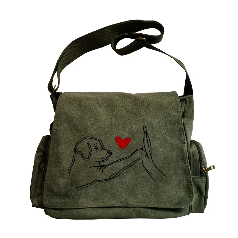 Large Capacity Dog Lover Women's Canvas Shoulder Bag Army Green Vintage Crossbody Bag For Women Laptop Bag