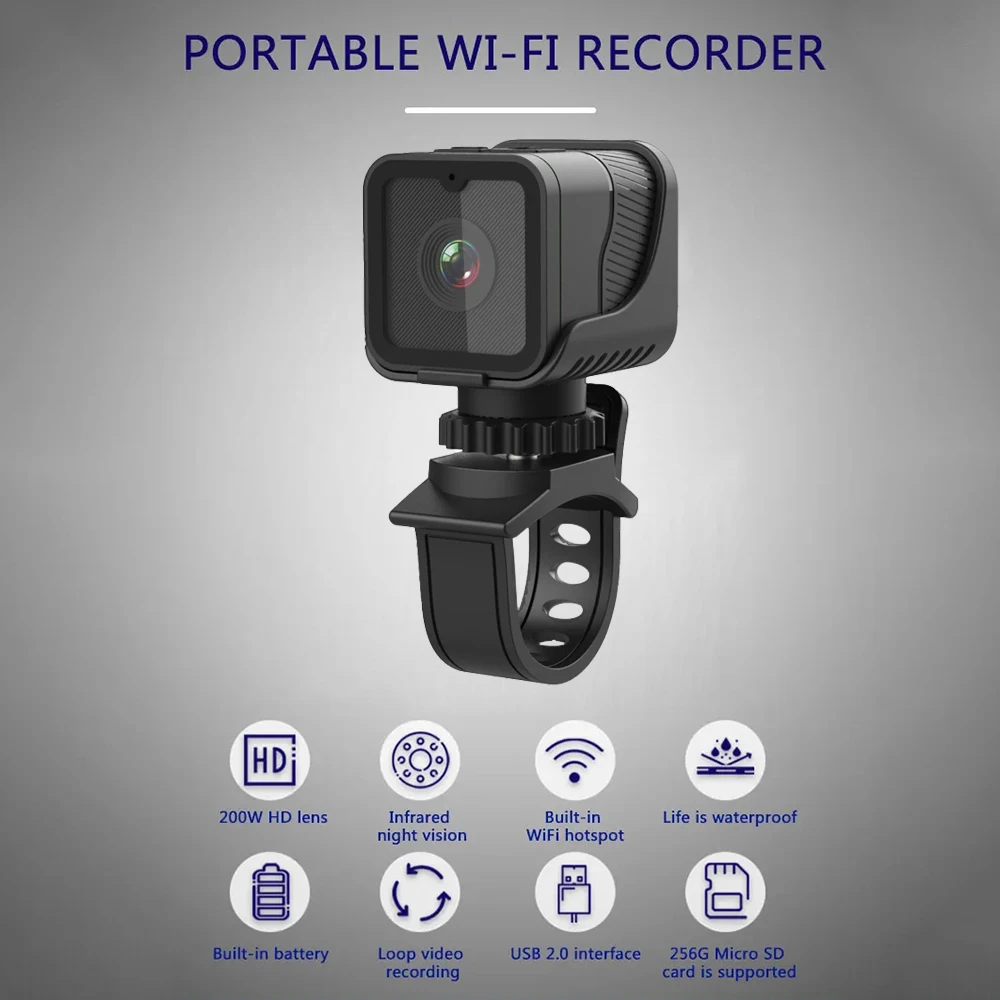 Caméra action sport 4K Ultra HD WiFi étanche avec carte 32Go posée sur une table avec accessoires