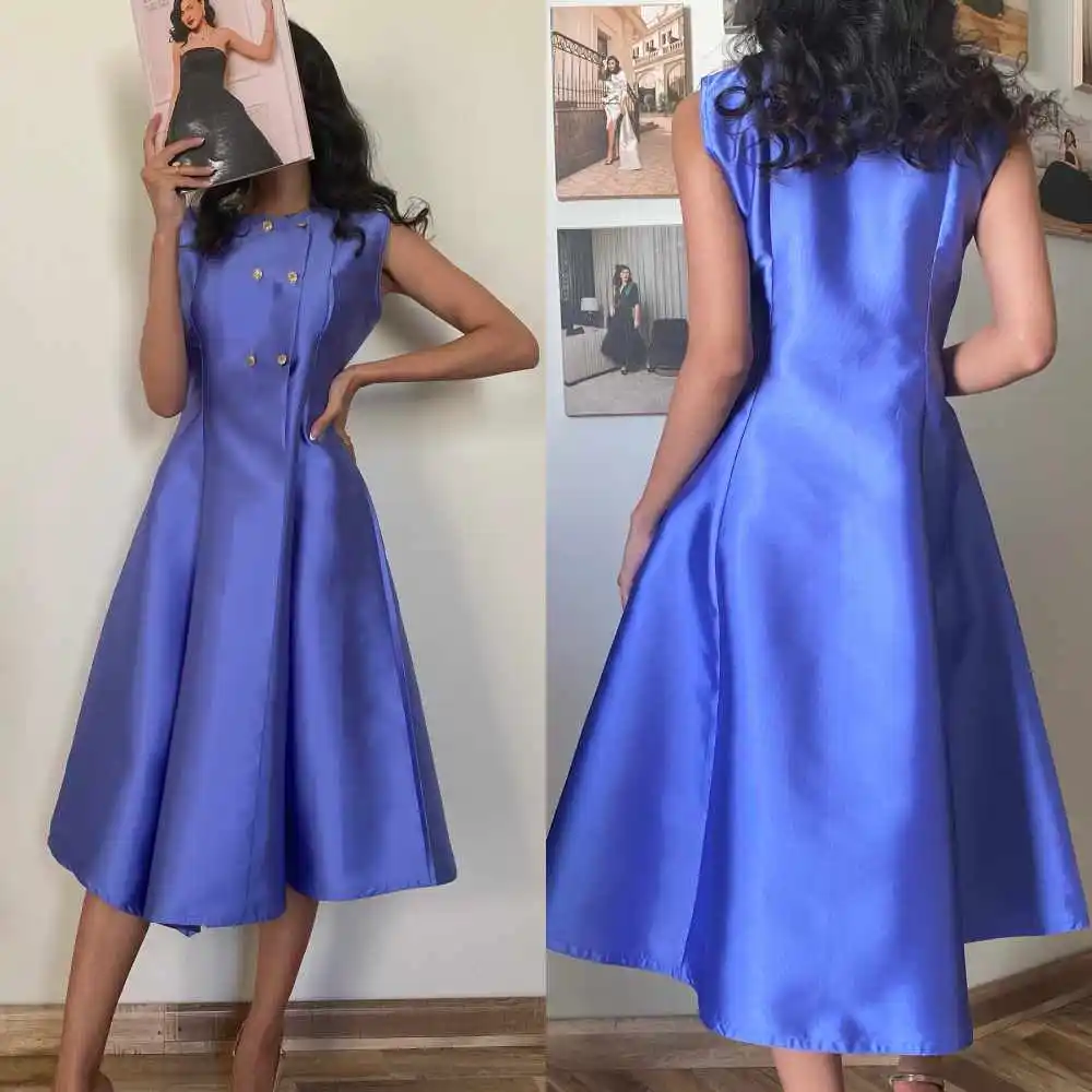 Satin Sequined Ruched Engagement A-line High Collar Bespoke Occasion Gown Midi Dresses Saudi Arabia Evening