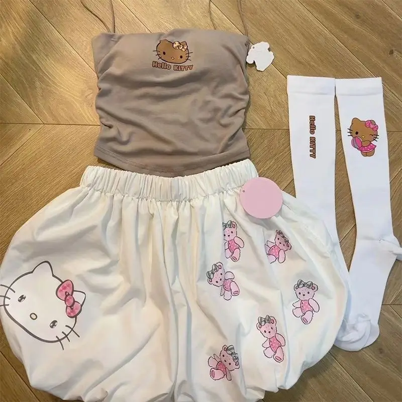 

3pcs Hello Kitty Girl Camisole Sanrios Anime Summer Casual Pumpkin Shorts Set Cute Cartoon Outdoor Sexy Short Sleeve Shorts Suit