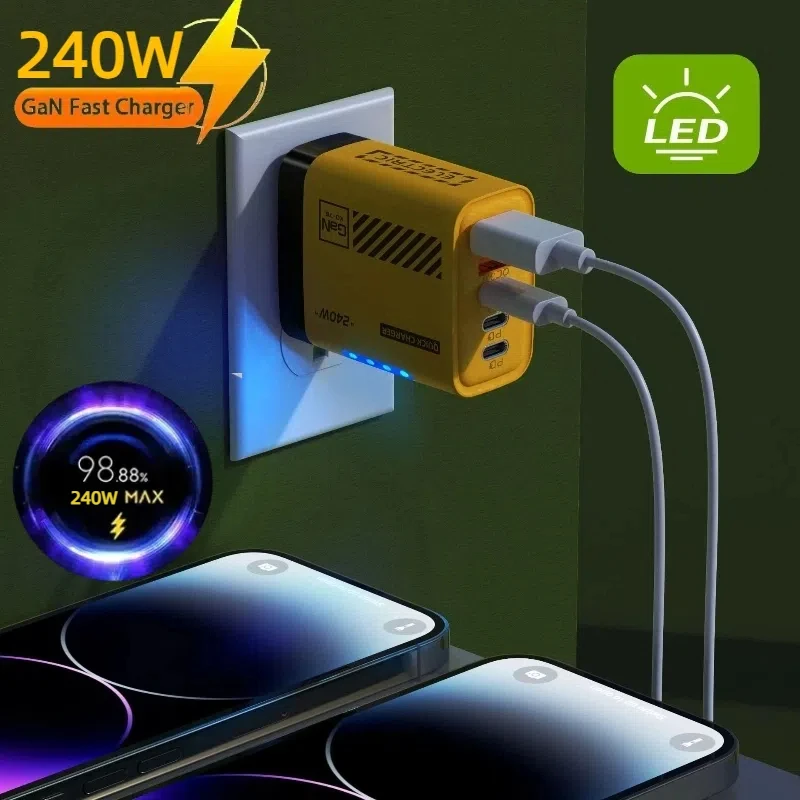 5-in-1 240W GaN Fast Charger with LED Light and Multi-Port USB-C & USB Charging Head