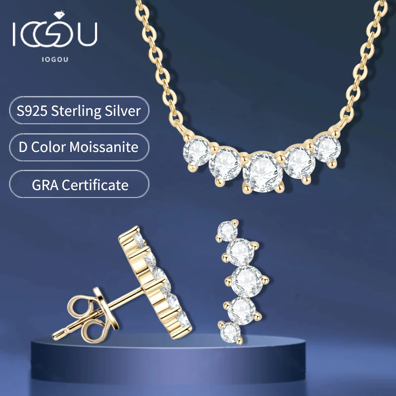 Jewelry Set Silver Jewelry Set 18K Gold Plated 925 Silver Real Moissanite 5-Stone Smile Pendant Necklace Stud Earrings for Women Christmas Gift