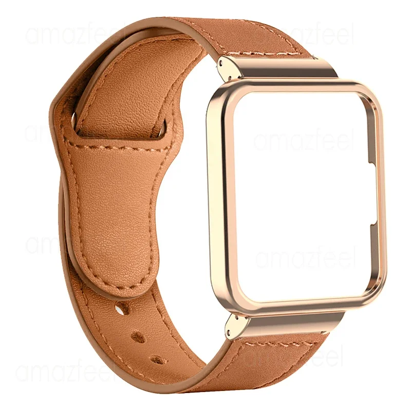 Premium Leather Watch Strap with Metal Case for Smart Watches - Elegant Bracelet & Protective Shell Cover