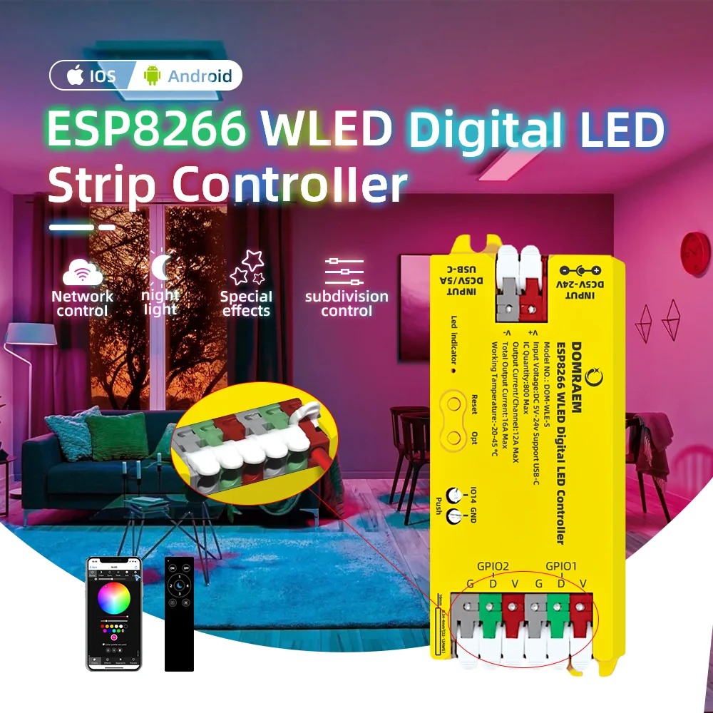 Domraem ESP8266 Digital WiFi LED Controller USB-C5V DC5-24V Streifen 100 + Modi WLED App WS2811 WS2812 SK6812 TM1814 DIY Pixel Licht – Detail 3