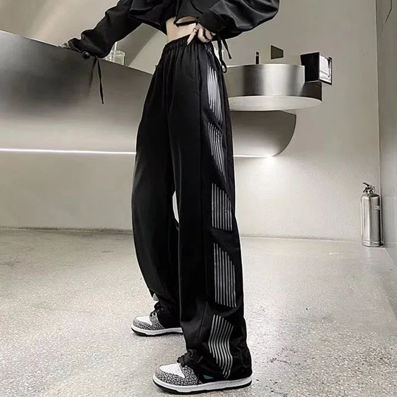 

Oversize High Waist Black Sweatpants Women 2023 Spring Striped Wide Leg Trousers Woman Korean Style Casual Loose Straight Pants