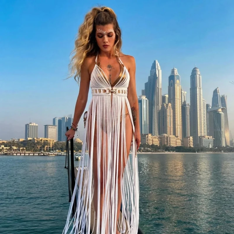 Leosoxs Tassel Suimsuit Cover Up Beach 2025 Knitted Hollow Out Long Maxi Dress Beach Bathing Outfits Sexy Backless Vestidos 1