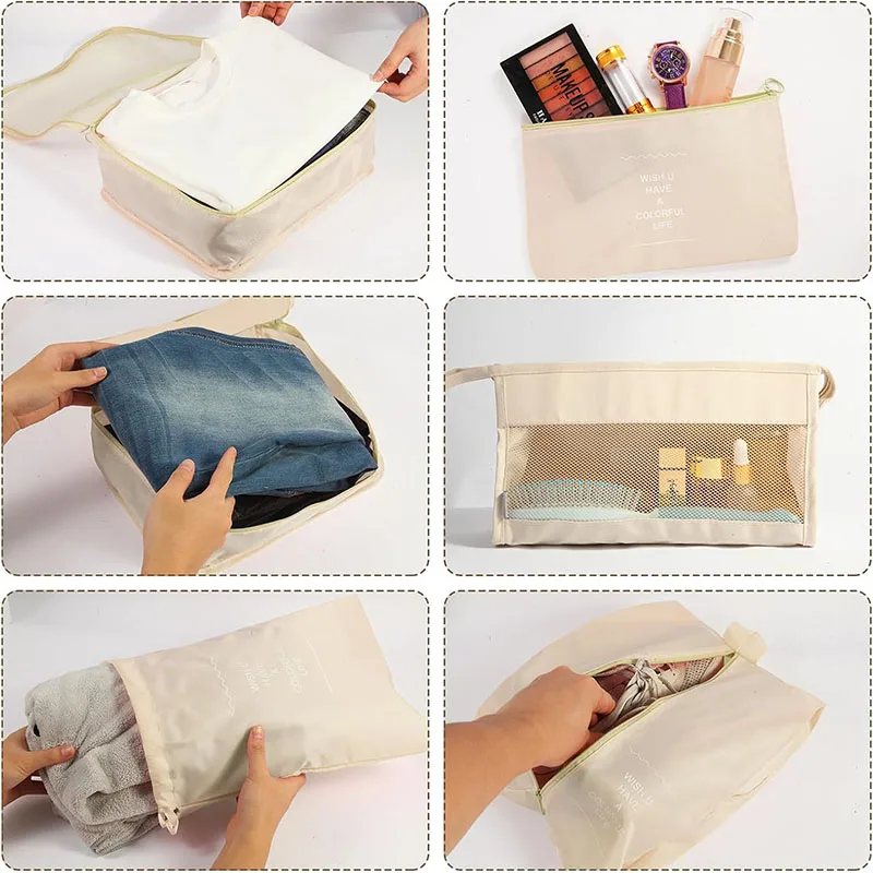 Waterproof Travel Packing Cubes Set with Drawstring Storage Pouches - 8-Piece Luggage Organizer for Clothes, Shoes, Underwear, and Cosmetics