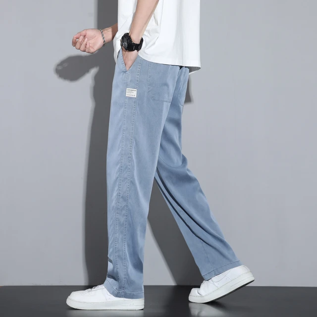 Men's Elastic Drawstring Waist Jeans Summer Regular Fashion Denim Pants  Loose and Casual Wide Leg Jean Trousers (Blue 1,XX-Large)