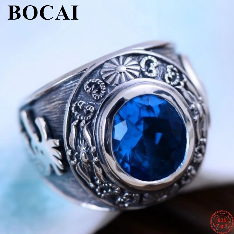 

BOCAI S925 Sterling Silver Ring for Man 2022 Popular Retro Totem Blue Crystal Character Pure Argentum Charm Hand Ornaments