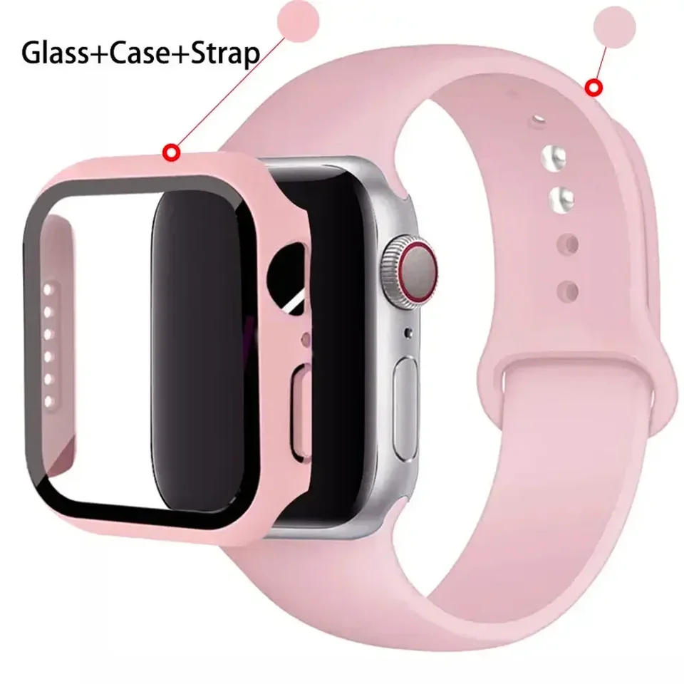 Silicone Sport Band and Glass Case for Apple Watch