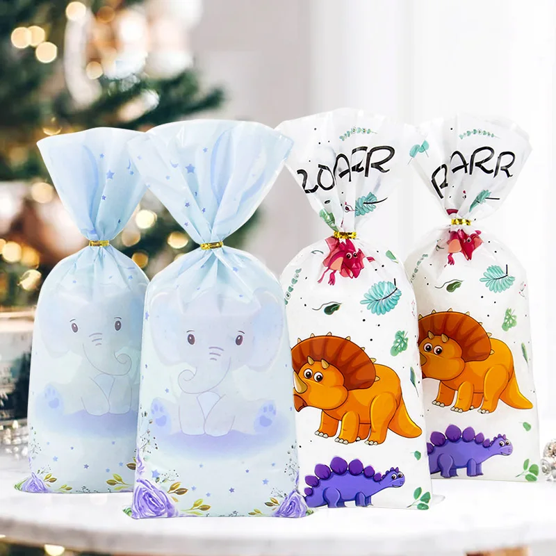 

50pcs Cartoon Elephant Tiger Candy Bag With Twist Ties Kids Birthday Party Cookies Packaging Bags Baby Shower Supplies