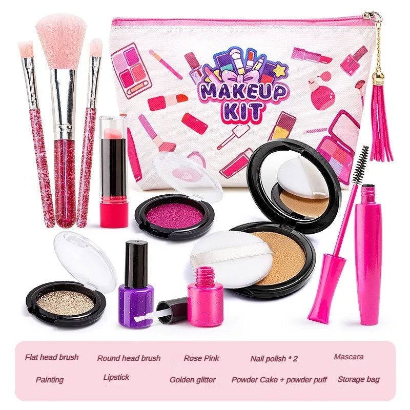Children Cosmetic Bag Fake Makeup Box Simulation Nail Polish Lipstick Look Real Eyeshadow Play House Toys