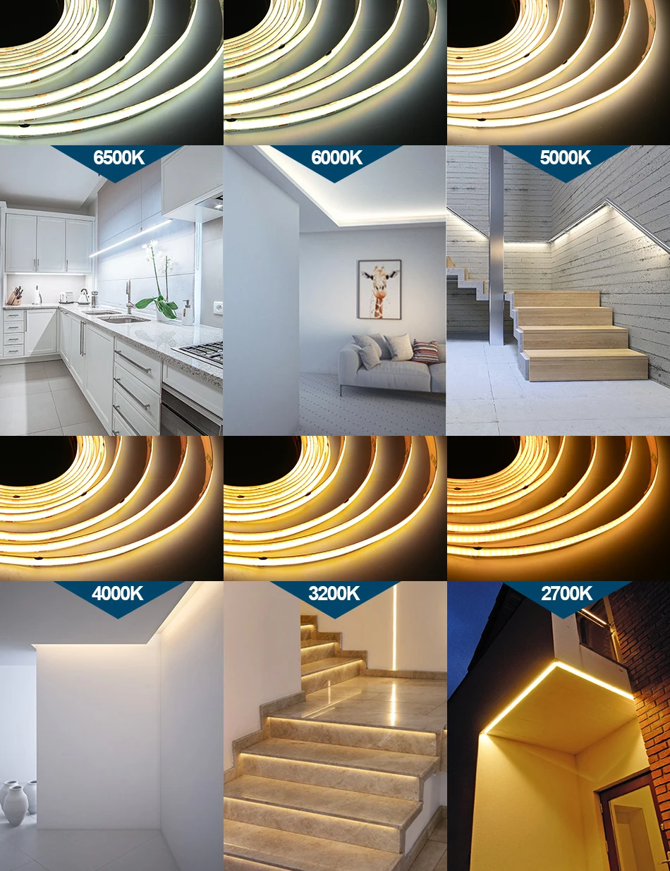 12V 24V 5mm 8mm 10mm LED Cob CCT Strip Dual Color Dimmable Flexible Soft Tape High Density Three Color Temperature 2700K-6500K