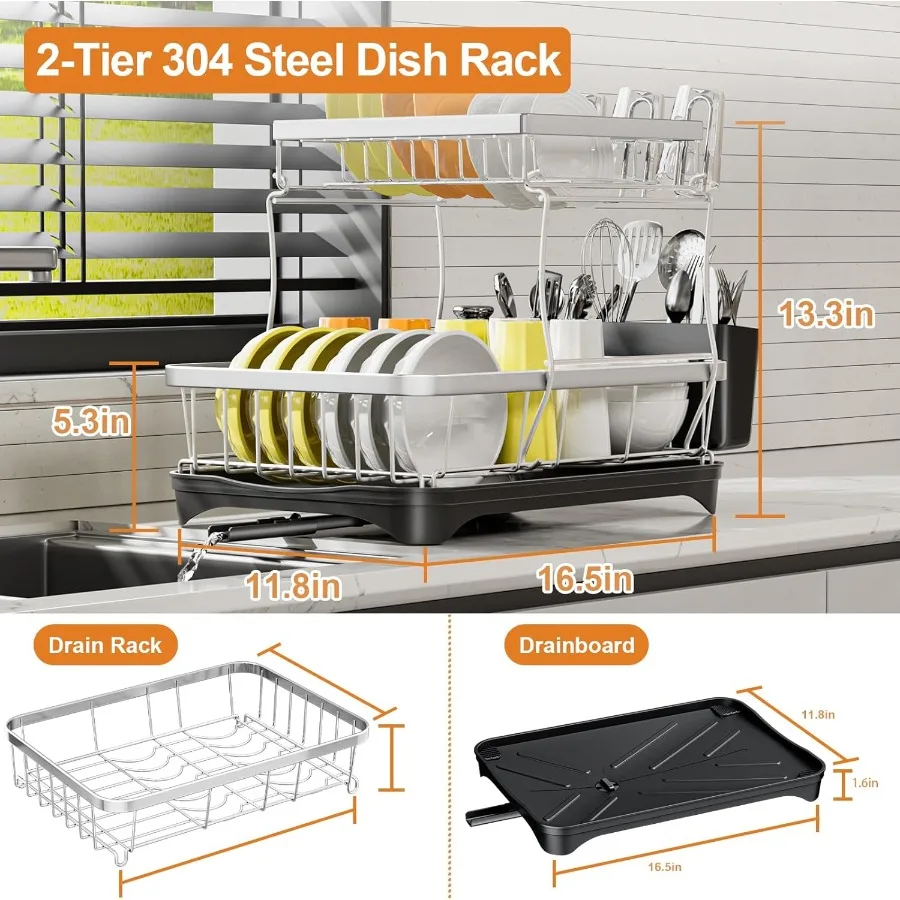 Dish Drying Rack Kitchen 2Tier 304 Stainless Steel Dish Racks for Kitchen CounterDish Strainer with Adjustable Draining Tray Dr